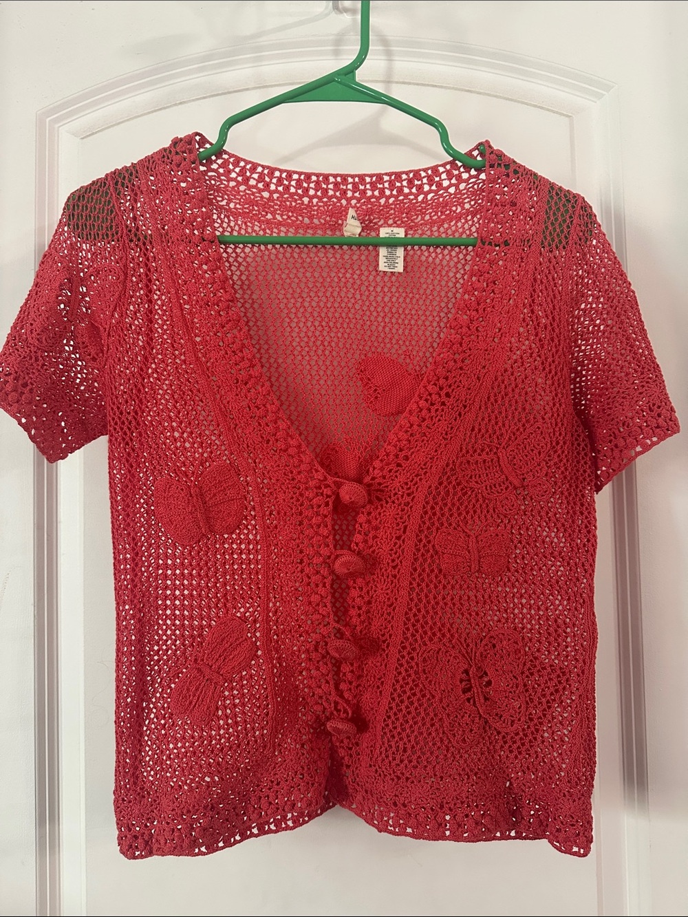 Anthropologie x Moth Crochet Coral Short Sleeve Cardigan Size M